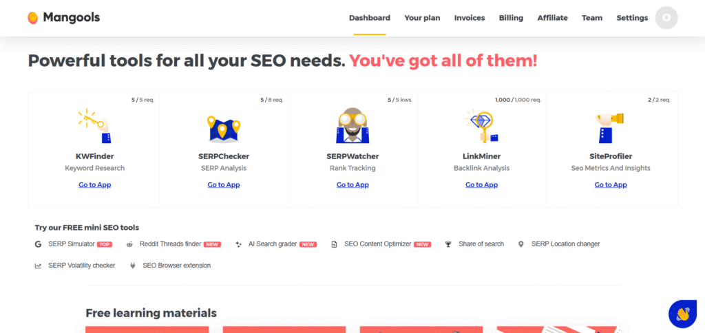 Mangools Reviews: Dashboard