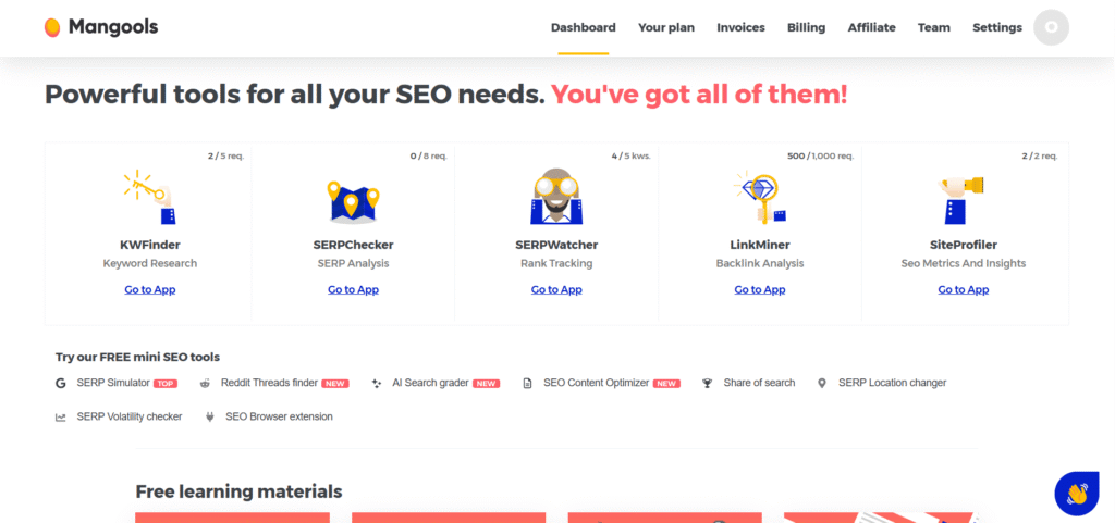 Mangools: Dashboard